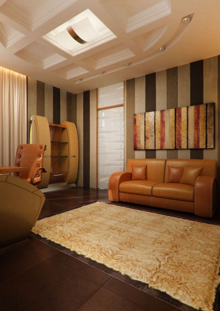 Дизайн рабочего кабинета в рыже-коричневых тонах с белым ковром