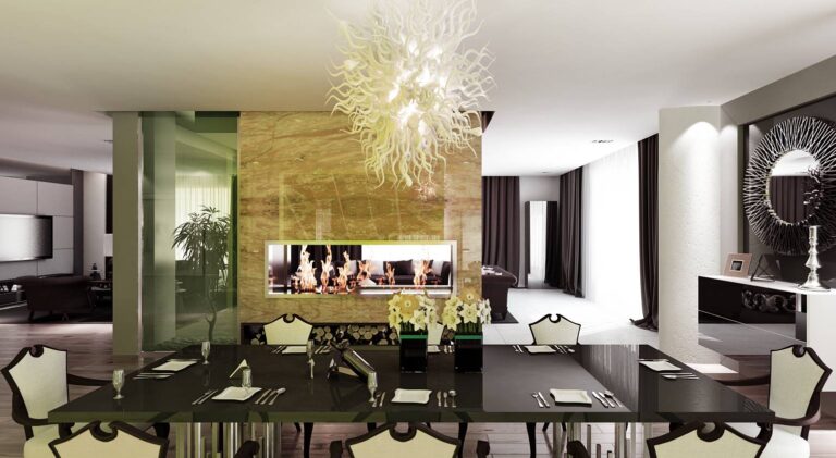 Оригинальный интерьер столовой с объемной белой люстрой