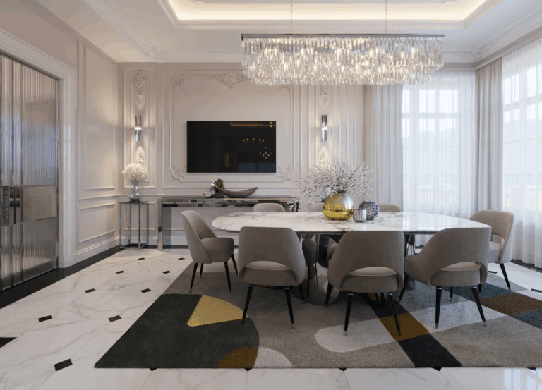 Дизайн столовой в доме с мебелью и светом