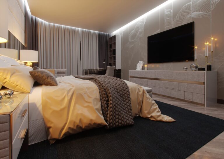 Светло-серая тумба в дизайне спальни