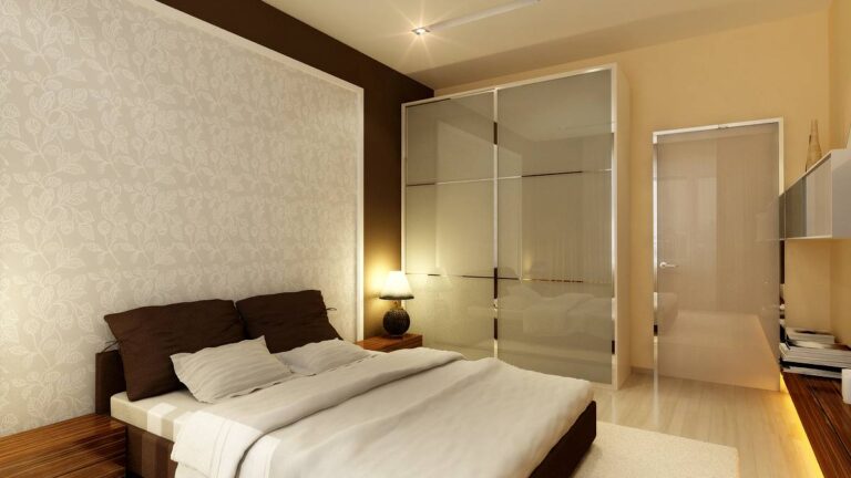 Стеклянные шкаф и дверь в интерьере спальни