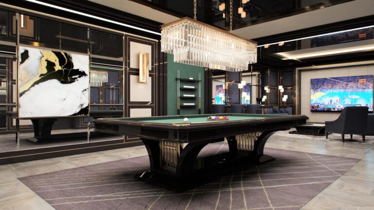 Зеленый цвет в дизайне современной бильярдной комнаты