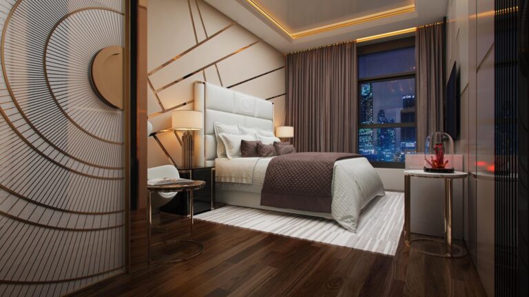 Оформление интерьера спальни с золотистым блестящим декором