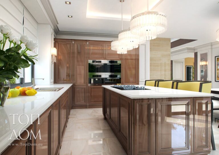 Белая столешница из камня и глянцевые фасады в дизайне кухни