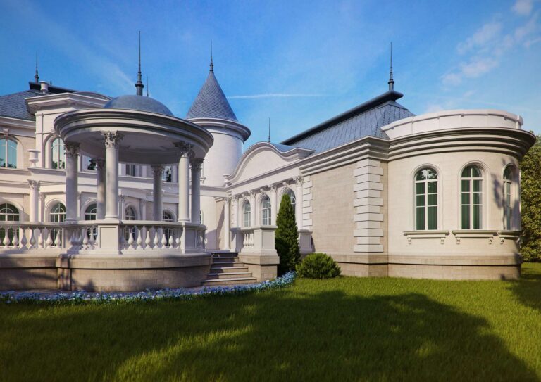 Ротонда на террасе и полукруглый эркер на левом фасаде особняка