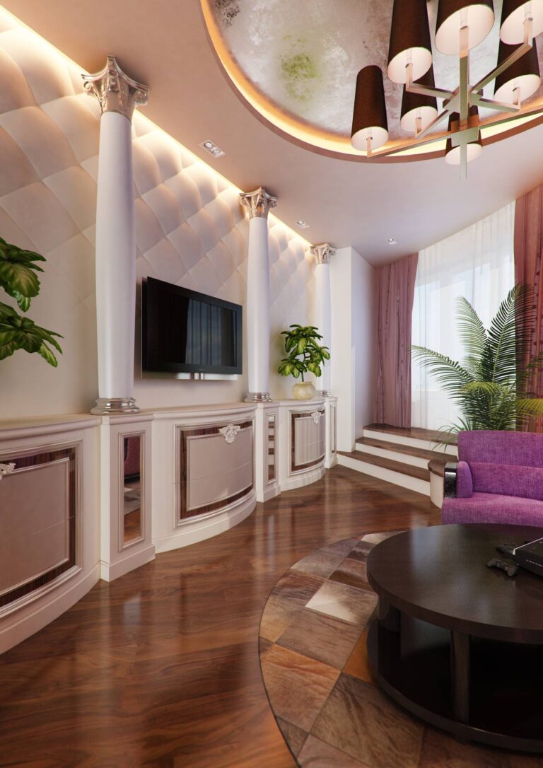 Колонный и стеновые панели в отделке гостиной