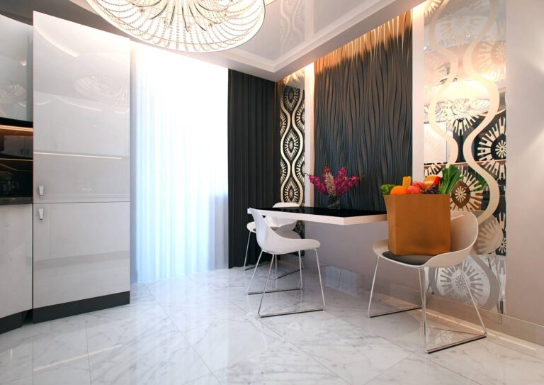 Дизайн кухни с темными шторами и стенами