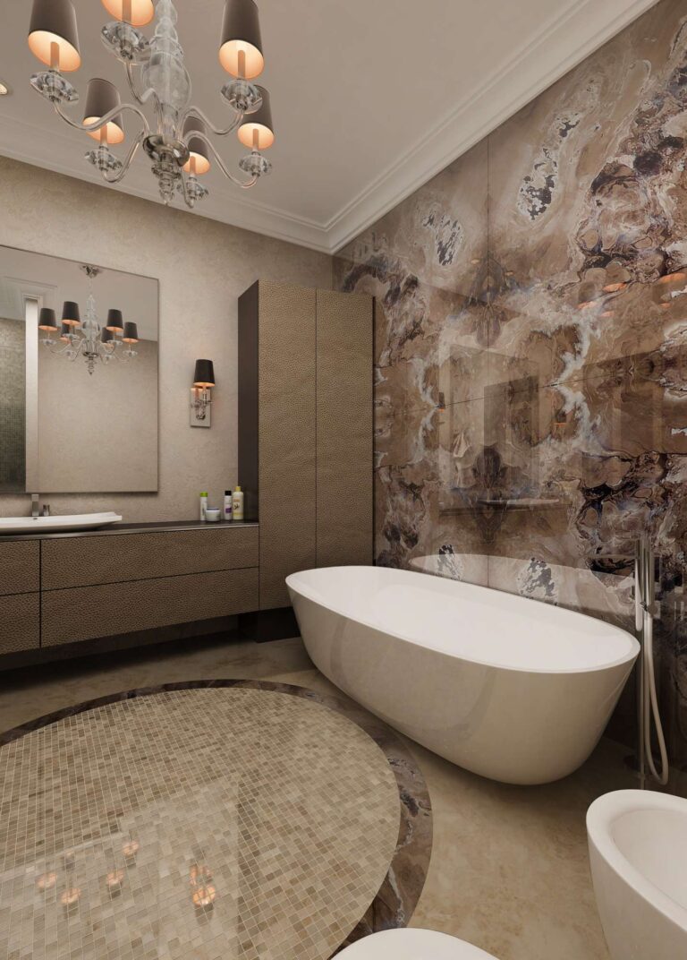 Эффектная коричневая стена под мрамор в дизайне ванной