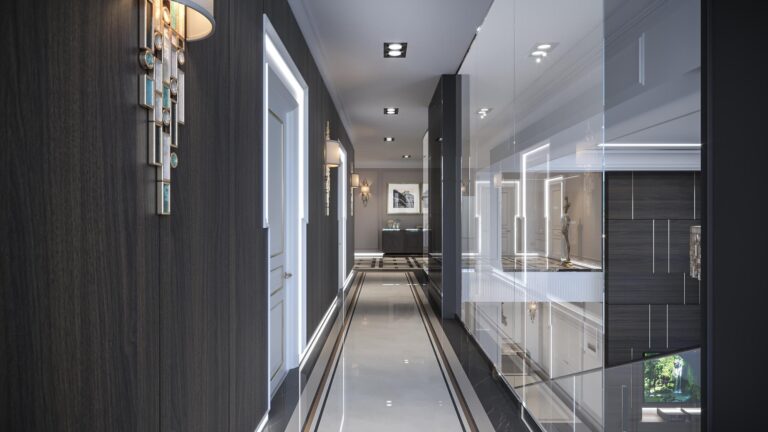 Стеклянная стена в дизайне коридора второго этажа