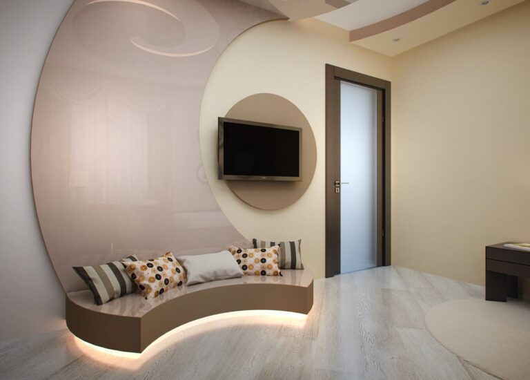 Интерьер детской комнаты с диваном-подиумом и с подсветкой