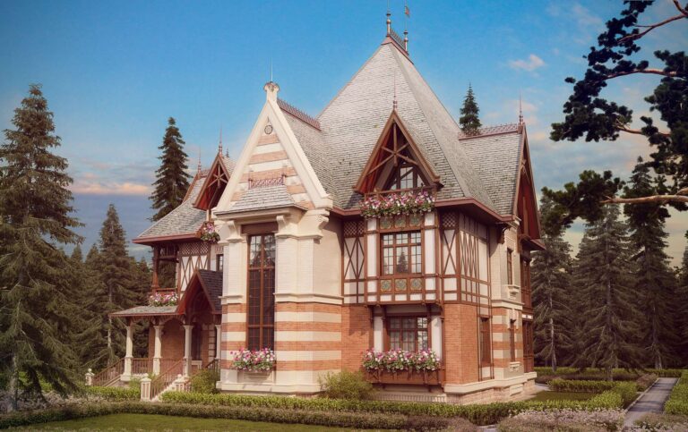 Левый фасад дома с мансардой под покатой черепичной крышей