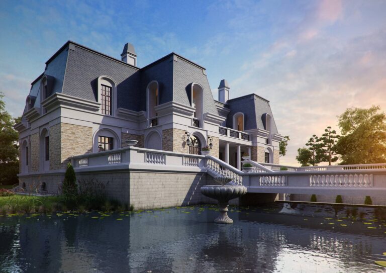 Декоративный пруд с лилиями и вазоном у правого фасада дома