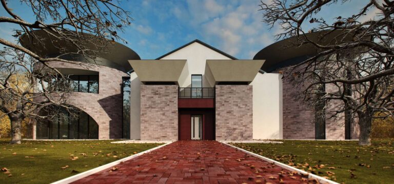 Сиреневый кирпич и белая отделка в переднем фасаде дома с балконом и французскими окнами