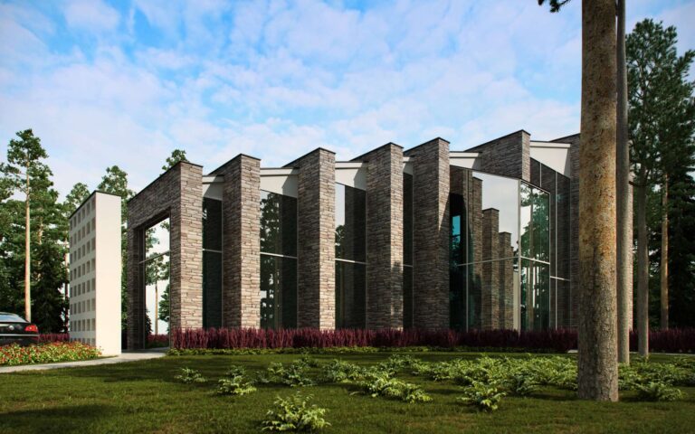 Природный камень и стекло в левом фасаде загородного особняка