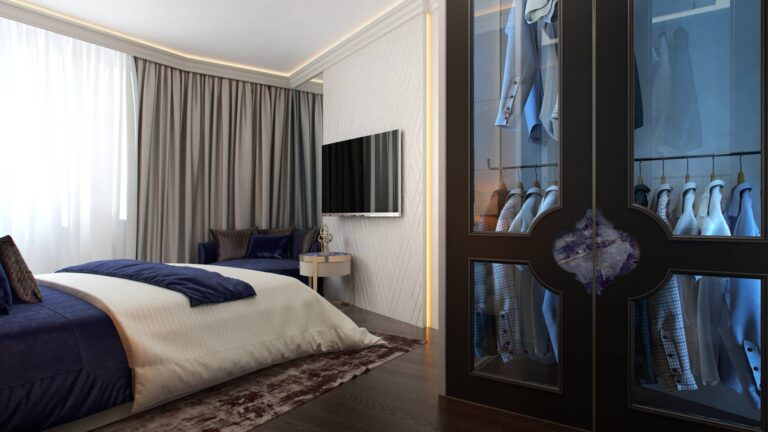 Дизайн ванной комнаты с белой рельефной подсвеченной панелью