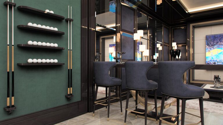 Дизайн бильярдной с фиолетовыми барными стульями