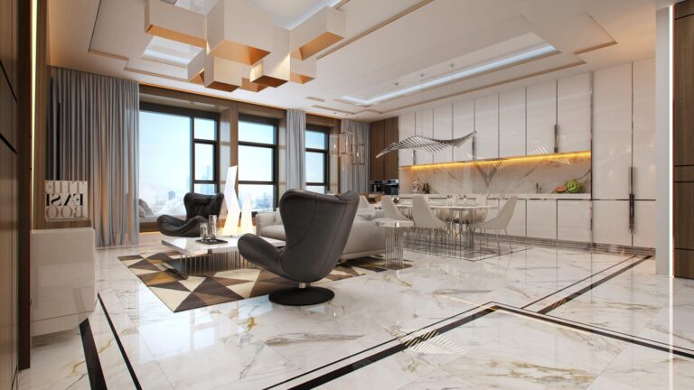 Мраморные полы в дизайне кухни, совмещенной с гостиной