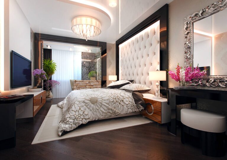 Интерьер спальни в черно-белом цвете