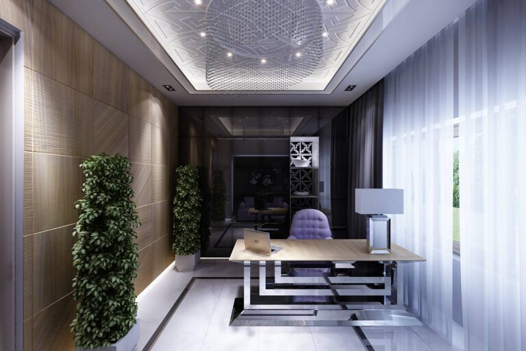 Цилиндрическая люстра с бусинами на подвесках в дизайне кабинета