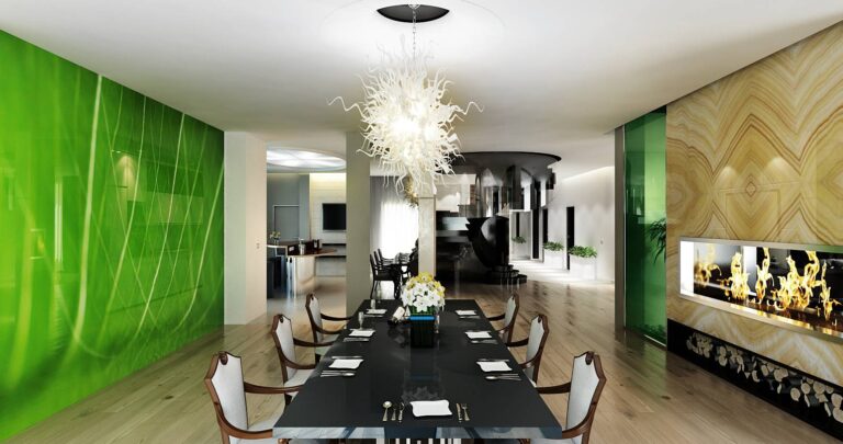 Узорная стена со встроенным камином в интерьере столовой