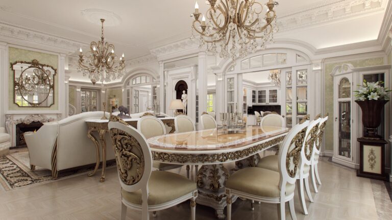 Оформление декора в столовой – мебель из массива, зеркала, люстры