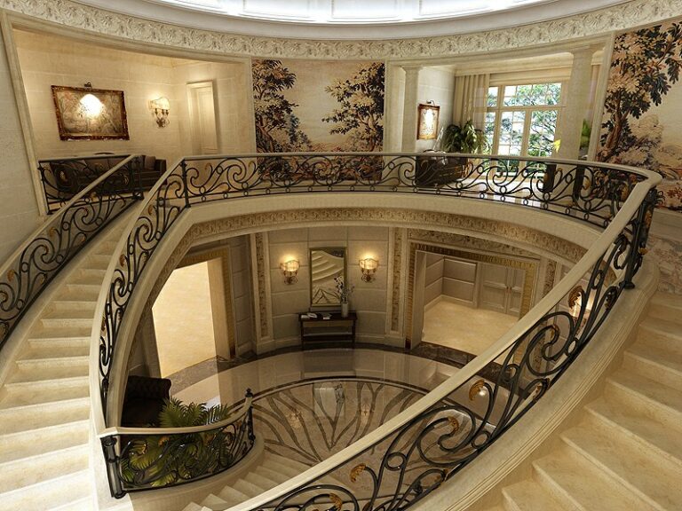 Дизайн верхней части лестницы с лепной полосой