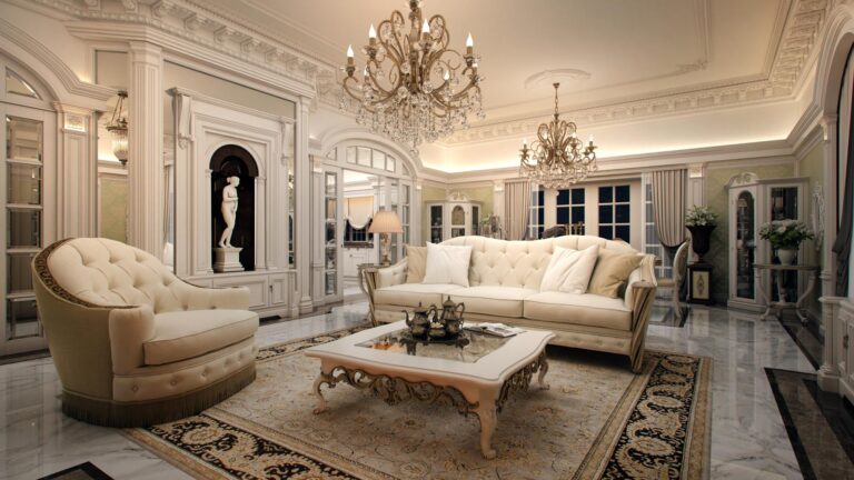 Гостиная в загородном доме с пышным интерьеров и декором