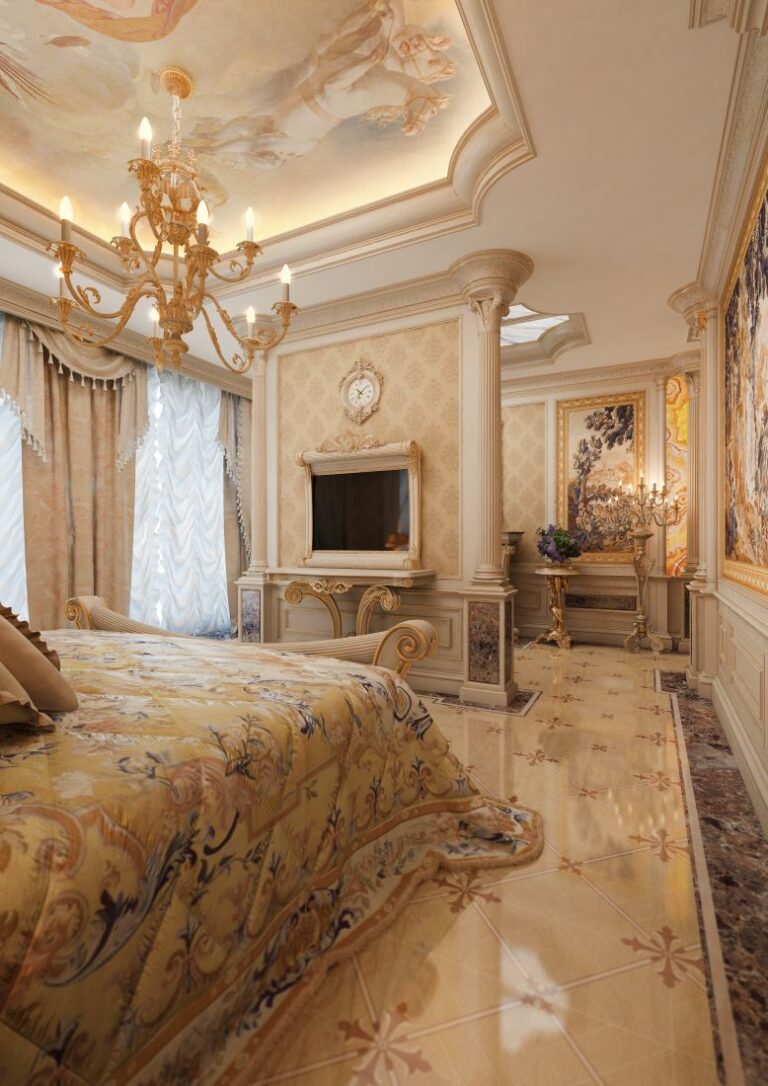 Роскошный дизайн спальни в бежево-золотистых тонах