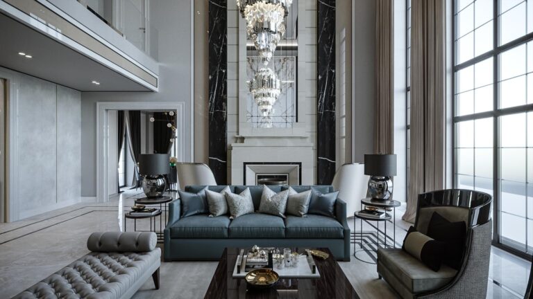 Белый камин в интерьере серой гостиной