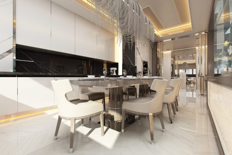 Черный мрамор в интерьере белой кухни