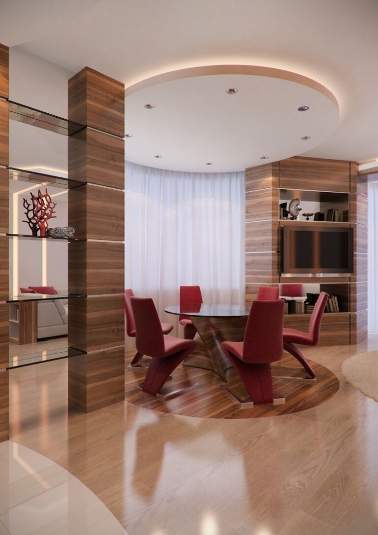 Контрастный круглый элемент паркета  в дизайне столовой 2-х комнатной квартиры