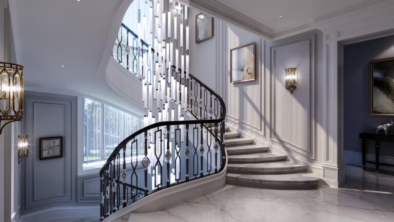 Включенное освещение дизайна лестницы и холла