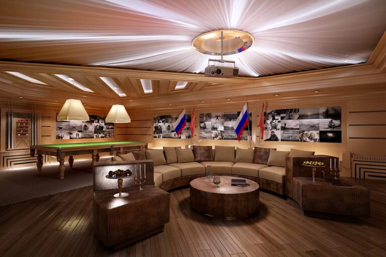 Интерьер гостиной с коричневым полукруглым диваном