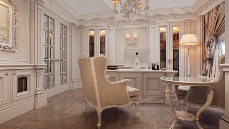 Кабинет, декорированный античными пилястрами и рельефной резьбой с растительными мотивами