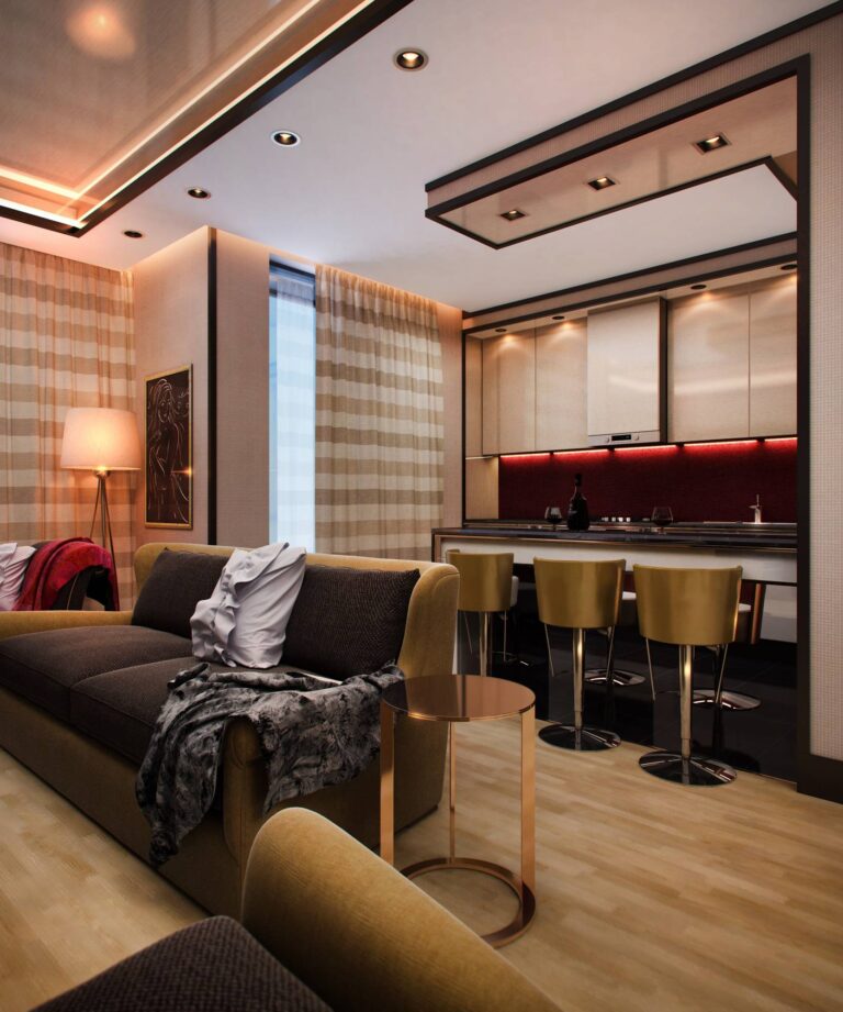 Кремово-бордовая кухня с золотистыми акцентами