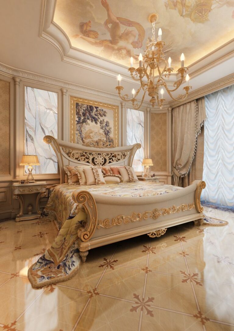Оформление спальни с фигурной бежево-золотистой кроватью