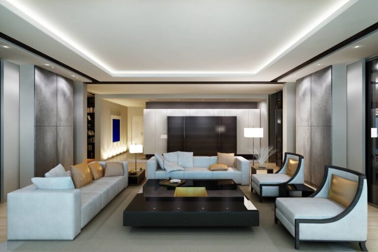 Оформление интерьера гостиной в черно-белых тонах с серыми вставками