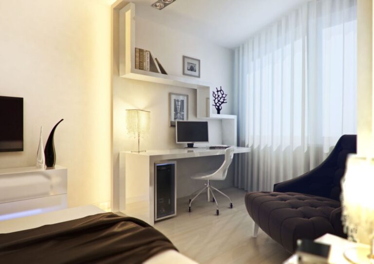 Монохромный дизайн спальни с рабочим столом и полками