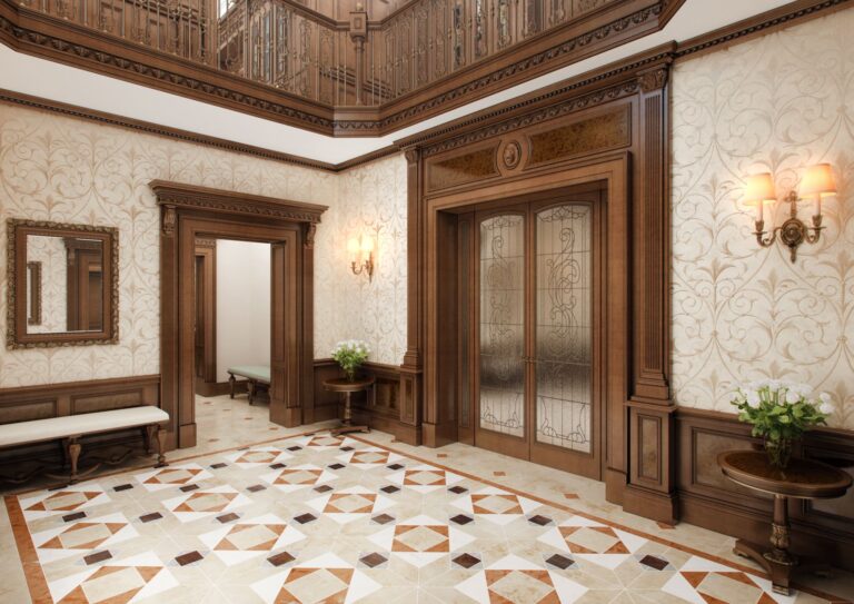 Декорированные застекленные двери и резные панели в отделке радикой в оформлении дверного проема