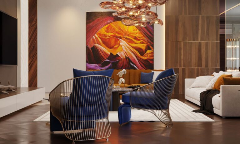 Большая яркая картина в дизайне интерьера гостиной