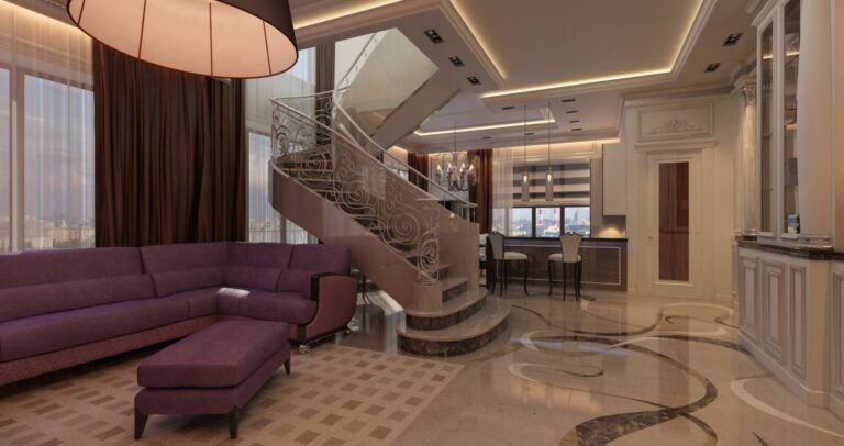 Эффектные темные завитки на светлом керамограните в интерьере гостиной