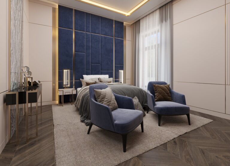 Интерьер спальни в сине-бежевом цвете