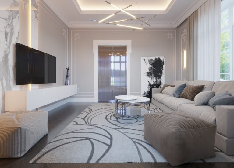 Дизайн стен и потолка в деловом интерьере гостиной