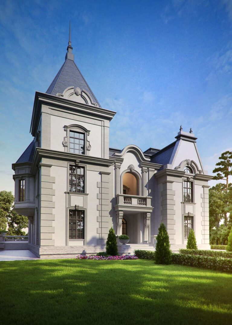 Мансарды и портик с балконом во фронтальном фасаде загородного дома