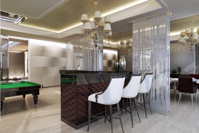 Угловая барная стойка в оформлении большой столовой