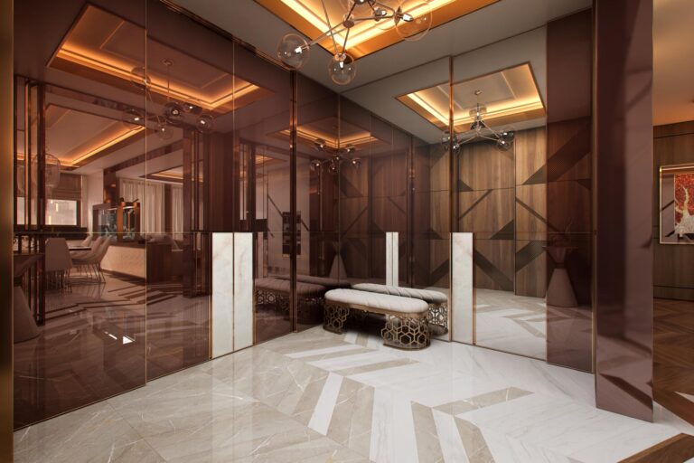 Стеновые панели медного оттенка в интерьере стильного холла