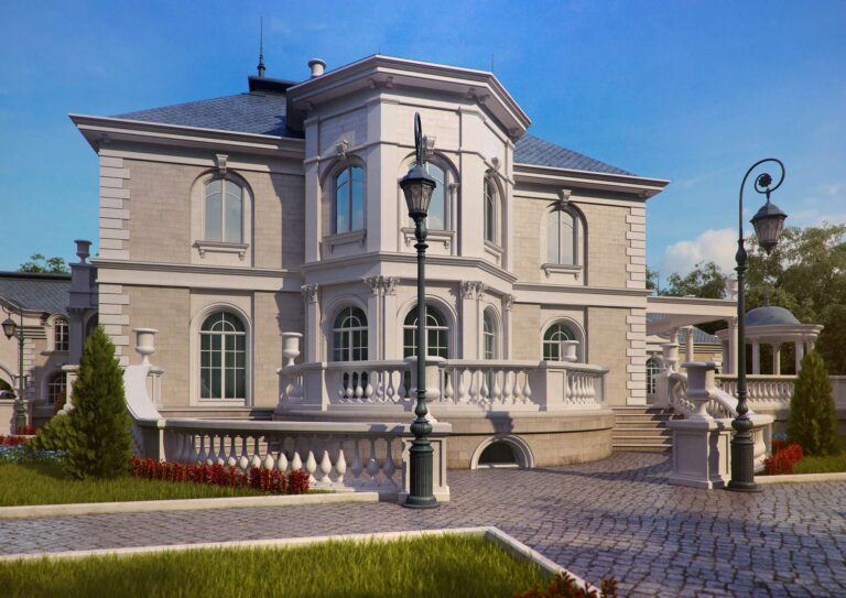 Лестница с балюстрадой и вазонами на внутреннем фасаде дома