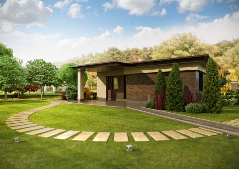 Дизайн территории дома с кирпичной постройкой