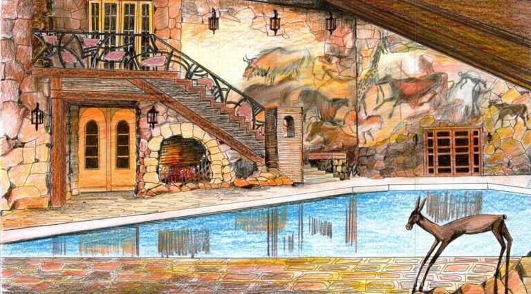 Стилизация интерьера бассейна под доисторическую пещеру