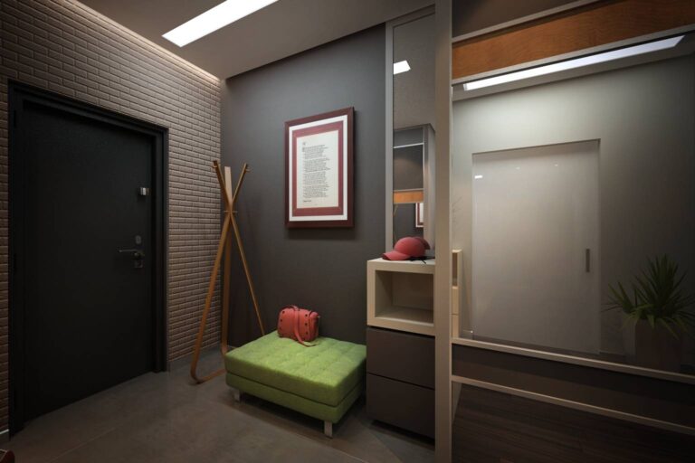 Дизайн интерьера прихожей с открытой кирпичной кладкой